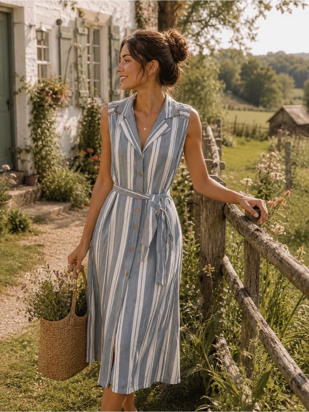 Global Desi Striped Midi Dress – Boho Belted Shirt Dress – Size Small